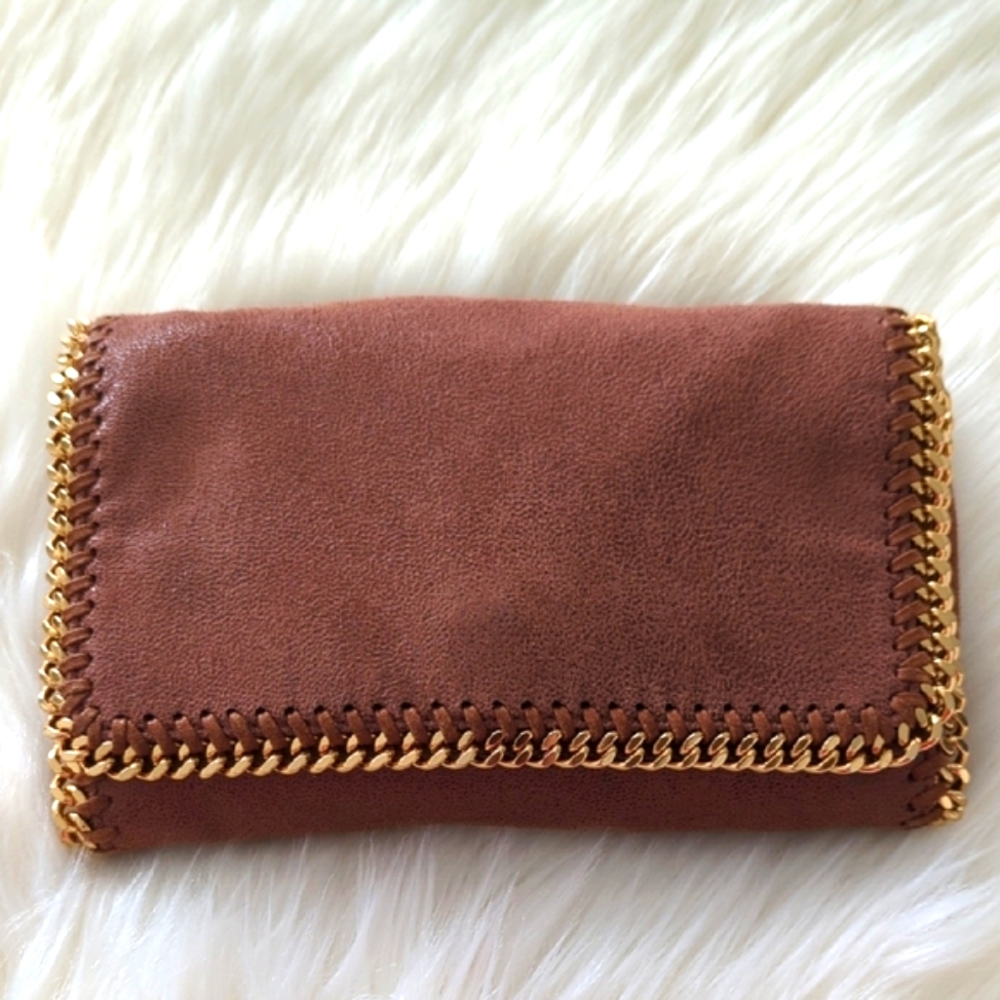 Authentic Sa McCartney Brown Leather Clutch with Gold Chain Detail